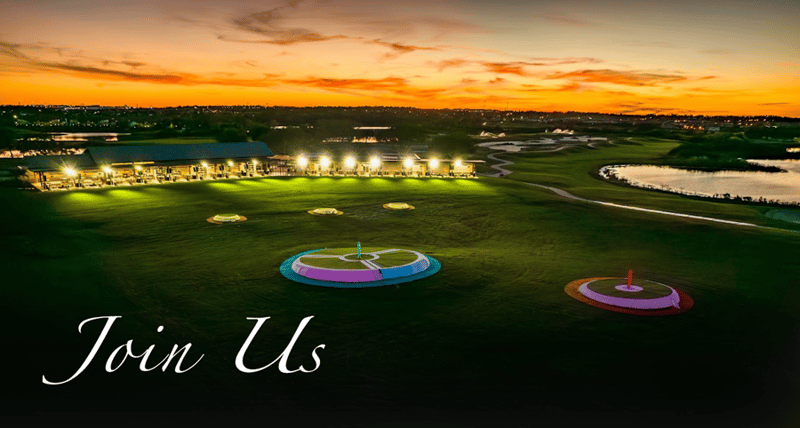 The Eagles Edge Toptracer Range in Orlando, FL is lit up at night against an orange sunset. The text reads: Join Us.
